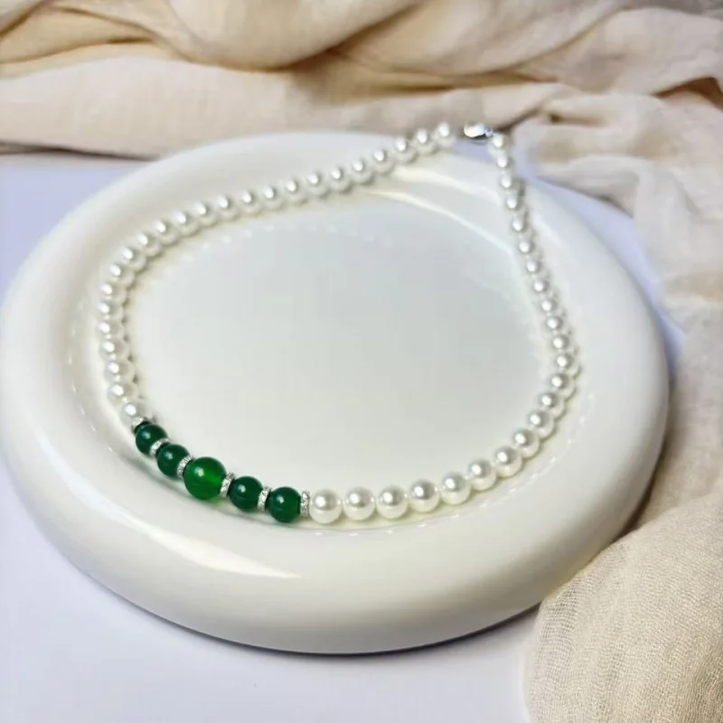 Natural Australian -of-pearl necklace women, gift for mom, S925 silver ingot clasp chalcedony choker, Mother's Day gif