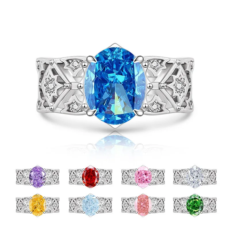 

925 Sterling Silver Rhombus Pattern Wide Edge Ring Ice Flower Cut Luxury Sparkle High Carbon Diamond Women's Wedding Jewelry