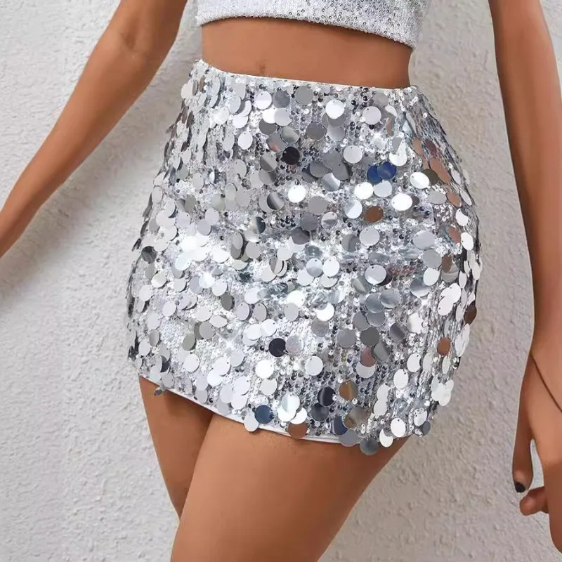 

2024 Summer New High Waist Solid Color Sequin Short Skirt Sexy Package Hip Nightclub Half Skirt