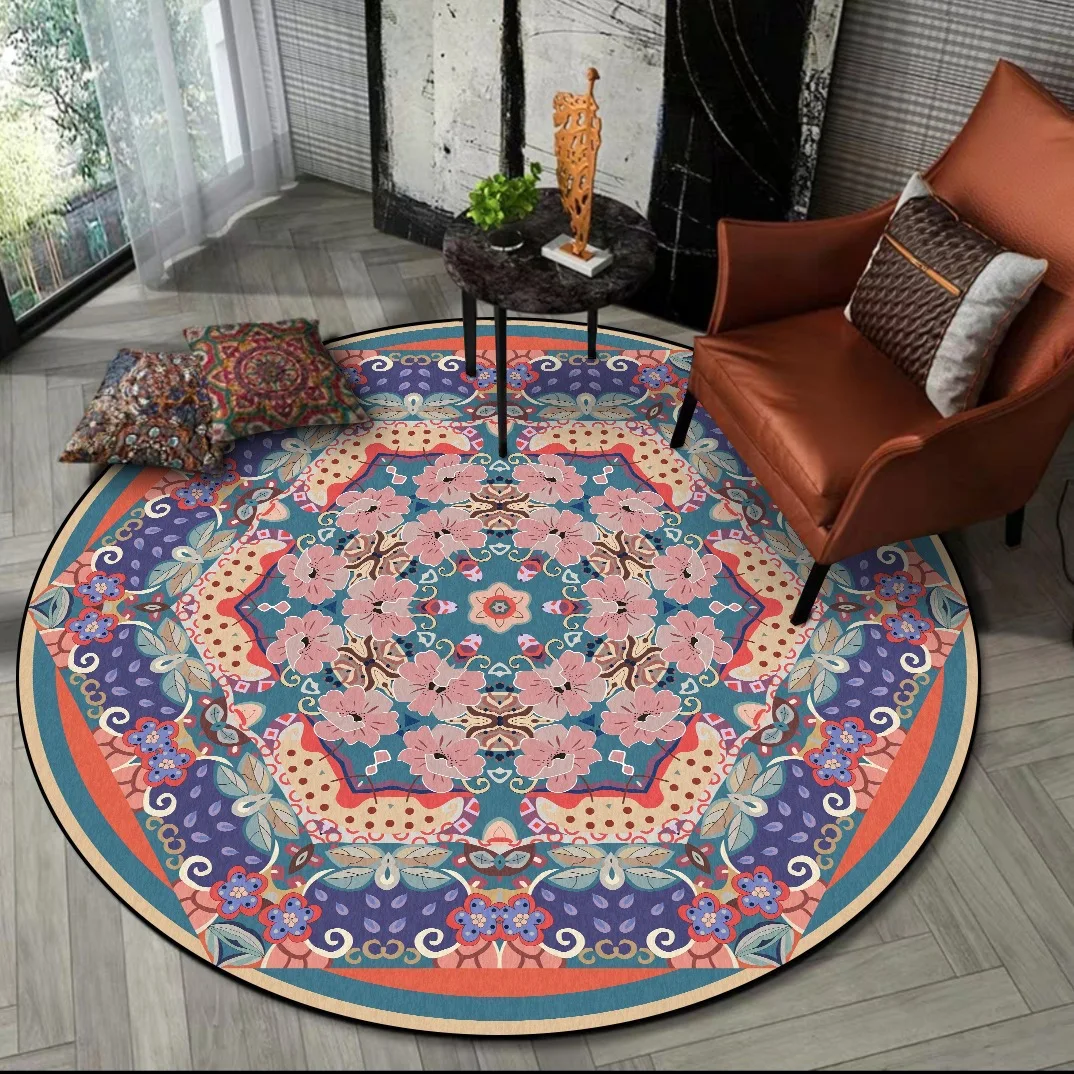 Round Retro Ethnic Style Printed Floor Mat Household Non-slip Hanging Basket Chair Mat Bedroom Bedside Blanket