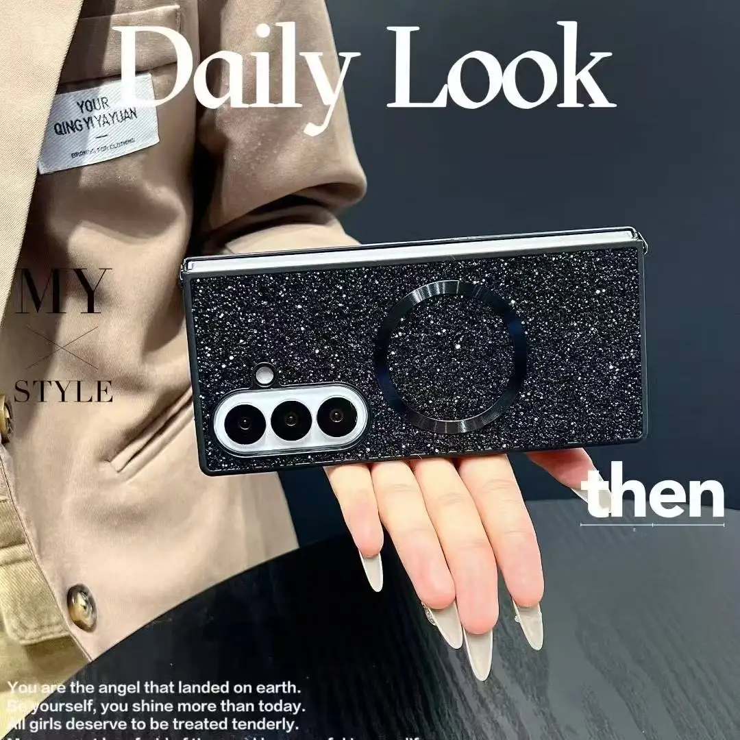 

Fashion Luxury Full Diamond Sparkling Silicone Phone Case For Samsung Galaxy Z Fold 7 6 5 4 3 Magnetic Shockproof Protect Cover
