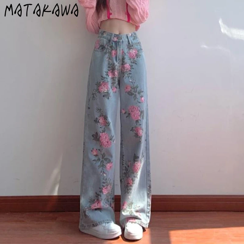 MATAKAWA Baggy Jeans Korean Fashion High Waist Slim Vintage Print Loose Straight Women\'s Pants Y2k Elegant Wide Leg Vaqueros