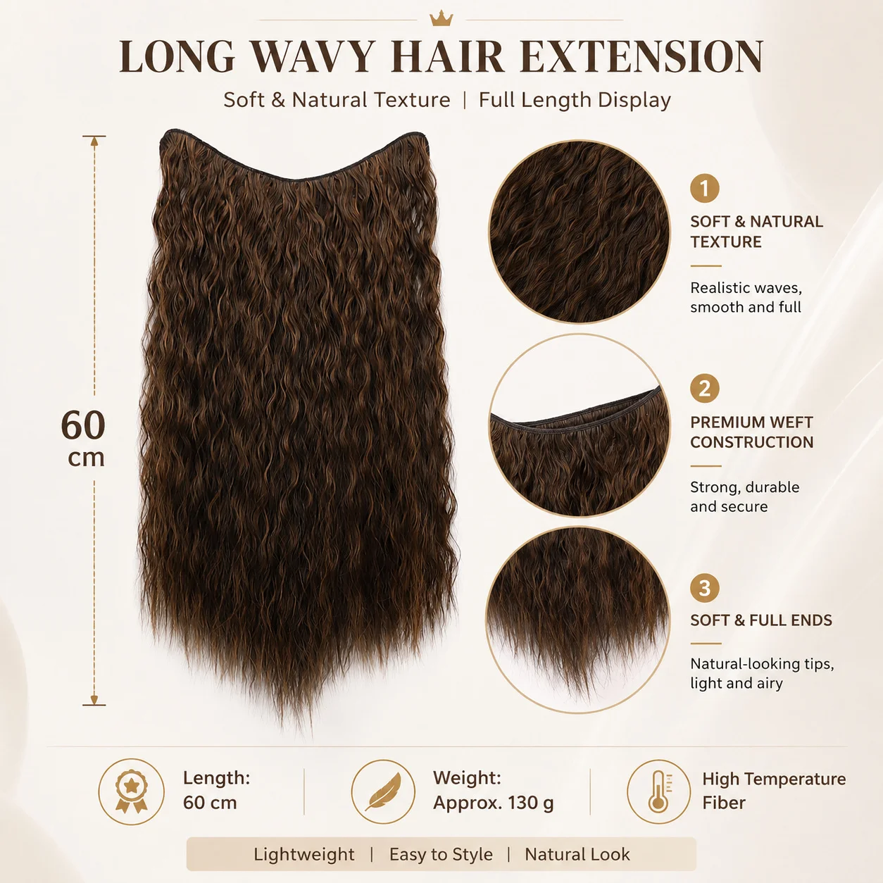 24Inch Long Wavy Invisible Wire Halo Hair Extensions 130g Synthetic Heat Resistant High Temperature Fiber Lightweight Hair - view 5