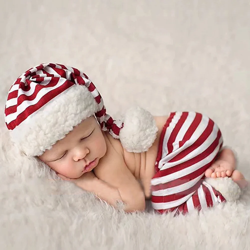 

1Set Baby Stripe Costume Christmas Hat Shorts Soft Warm Photography Suit Baby Xmas Clothes Photography Prop Christmas Clothes
