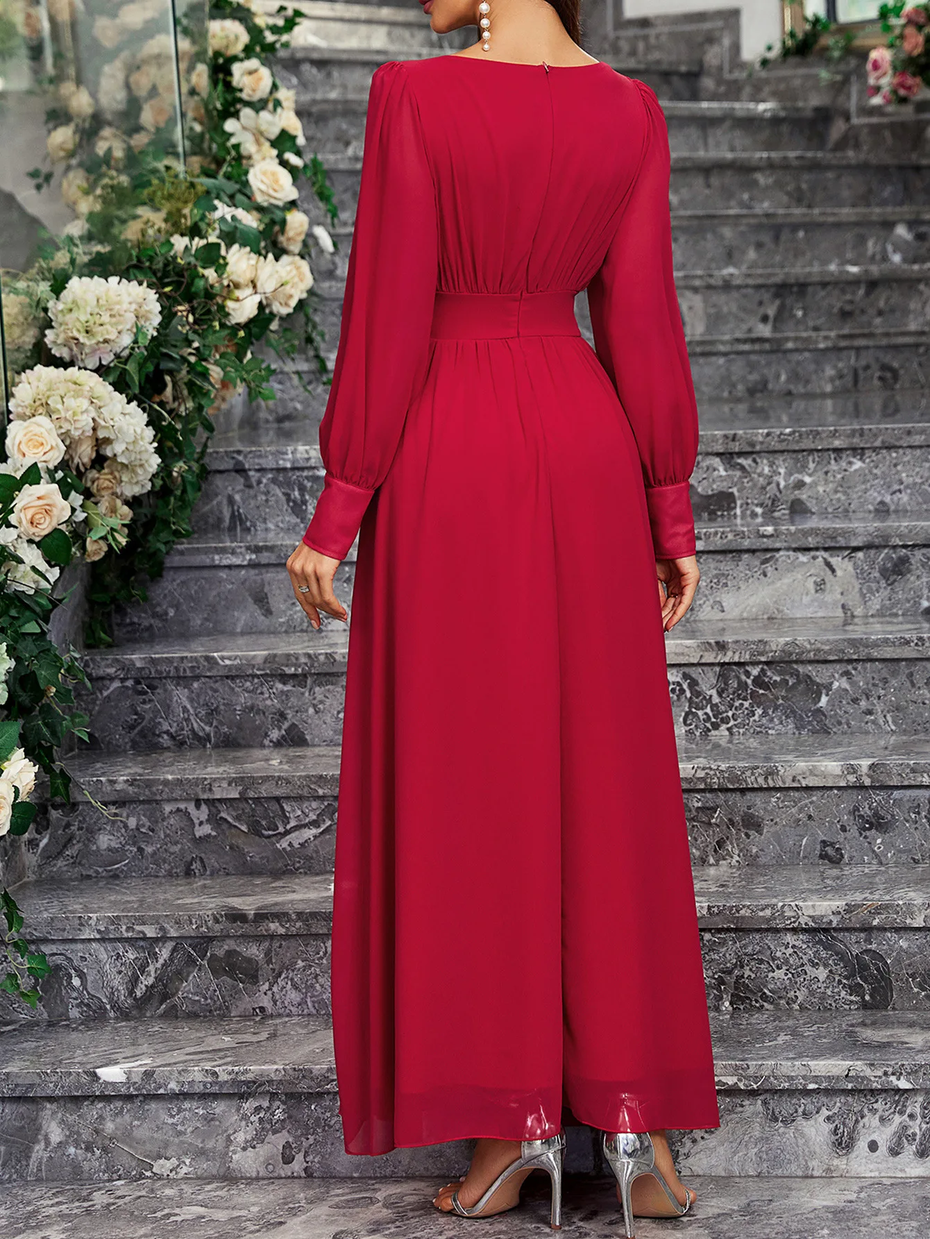 New Women'S Chiffon Sleeve Evening Gown Double V Neck A Line Party Gown High Waist Floor Length Evening Gown Vestidos Para Mujer