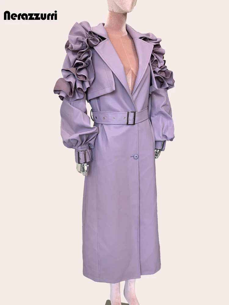 Nerazzurri Autumn Long Ruffled Purple Pu Leather Trench Coat for Women Belt Elegant Chic Stylish Luxury Designer Clothes 2024