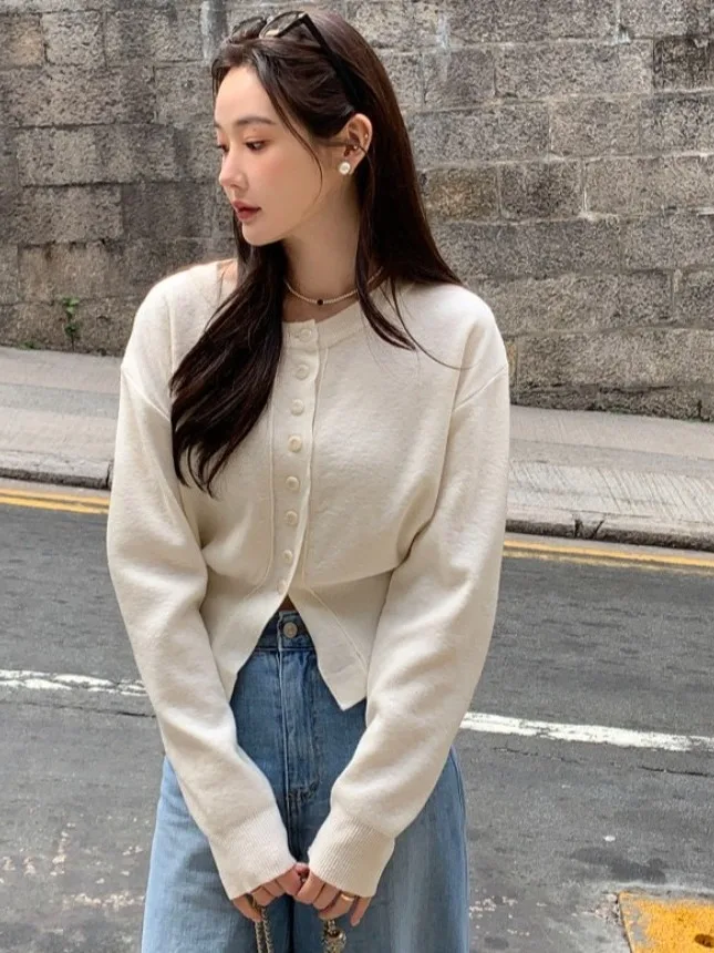 

Шикарный осенний нежный круглый универсальный утягивающий цветной длинный вязаный открытый кардиган на одной пуговице, женский Ja...