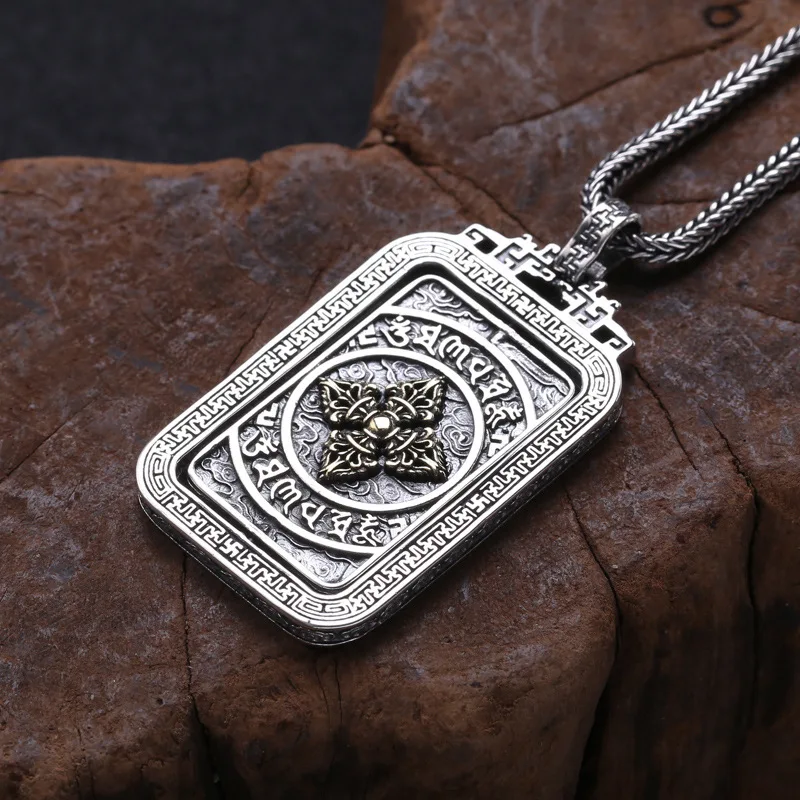 sterling silver ornament men's and women's Vajra rotating pendant Thai silver vintage six word mantra Auspicious Cloud pendant