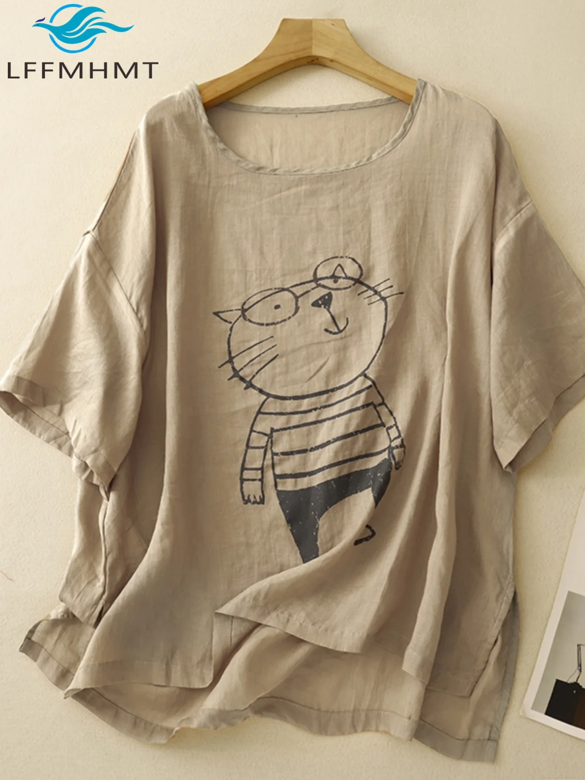 

Cute Cartoon Print Cotton Linen T-shirt for Women Summer Fashion Short Sleeve O-neck Loose Casual Soft Cozy Cotton Linen Tee Top