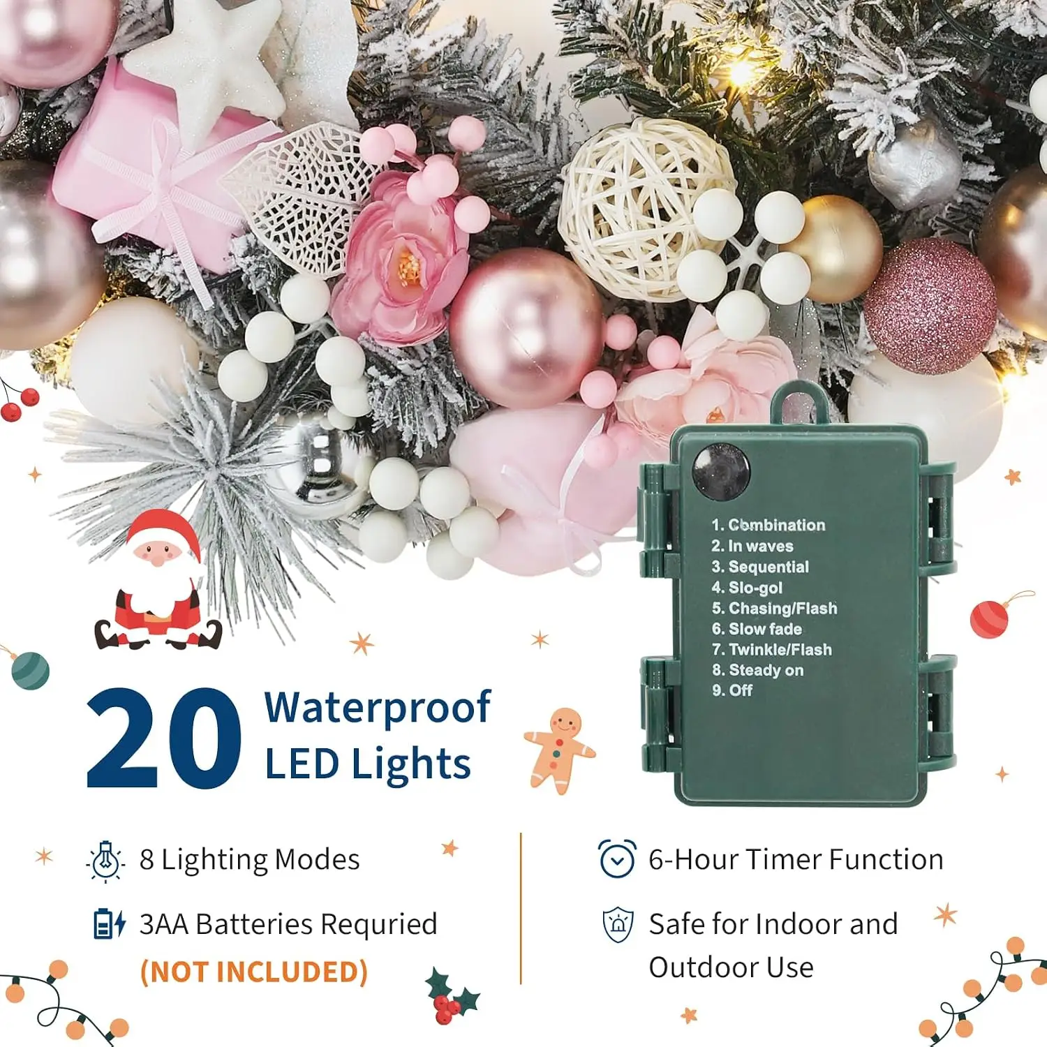 Garvee 24 INCH Christmas Wreath Garland Winter Wreath with Berry and 20 Warm White LED Lights for Door Indoor Outdoor Holiday DIY Home Fireplace Window Decoration view 4
