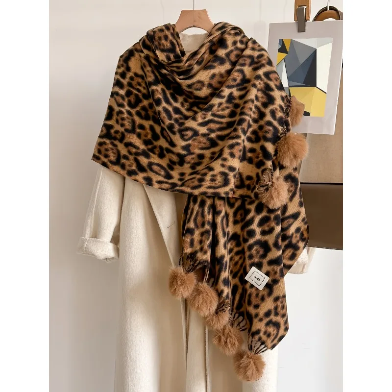 Double Sided Printed Leopard Print Tassel Shawl Women European Neck Wrap Winter Versatile Scarf
