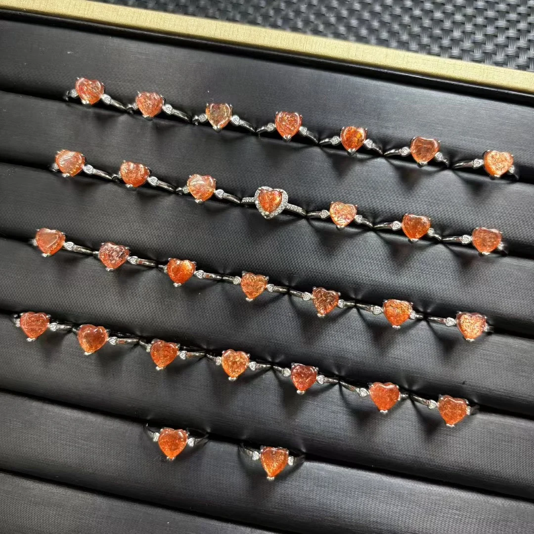 1 Pc Fengbaowu Natural Gold Sunstone Heart Ring 925 Sterling Silver 7.5MM Resizable Reiki Healing Stone  Jewelry Gift For Women