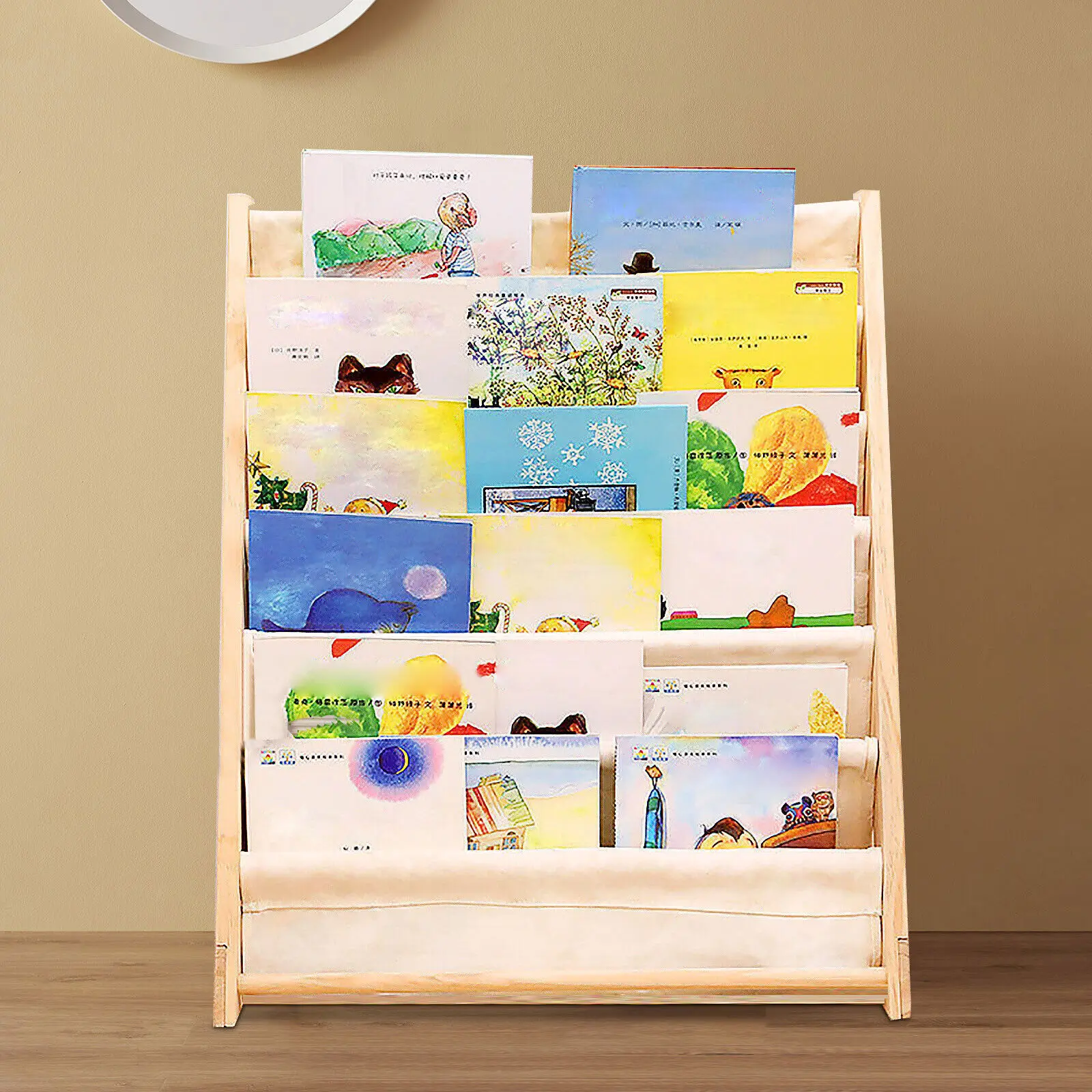 6 Tiers Wooden Bookcase Children Kids Book Shelf Storage Rack Tidy Organizer Sling Book Canvas for Kids Bedroom Save Space