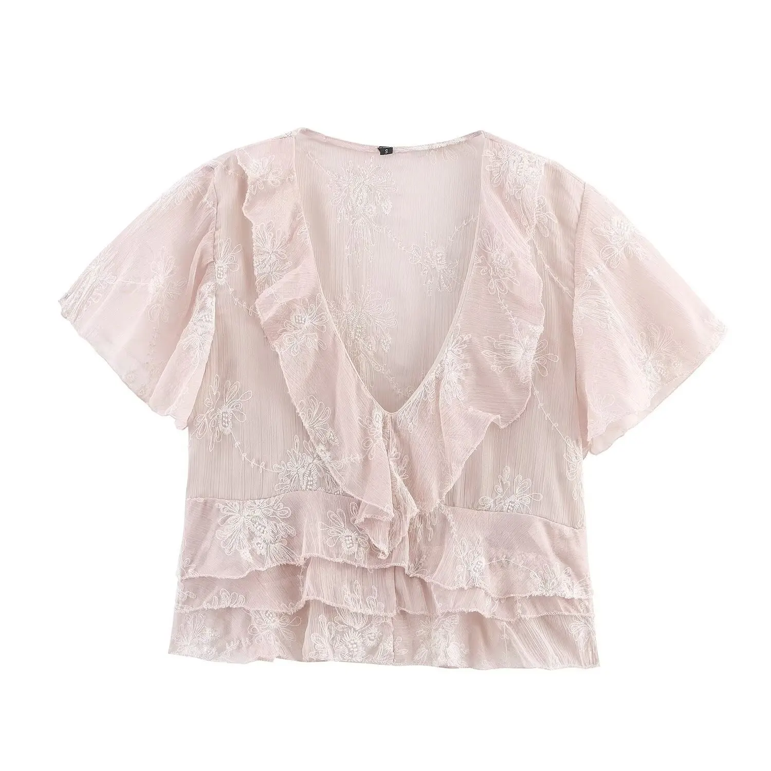 

French women's clothing 2025 summer new layered embroidered V-neck short-sleeved top versatile