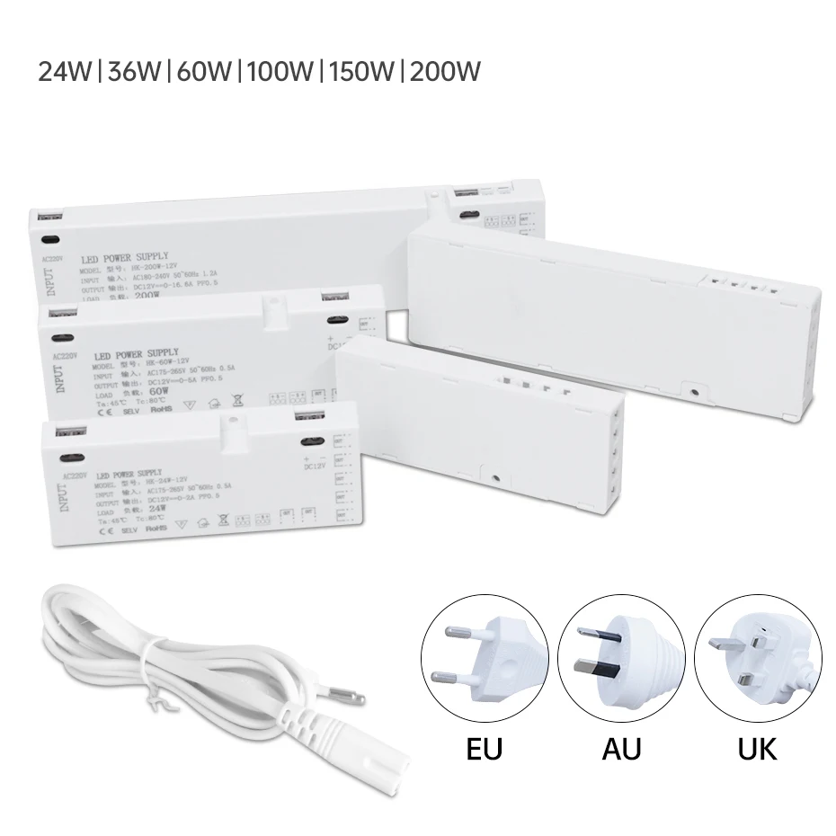 220V LED Cabinet Light Transformer DC12V/24V 24W 36W 60W 100W 150W 200W for Kitchen/Pantry/Wardrobe Light Strip with DuPont Port