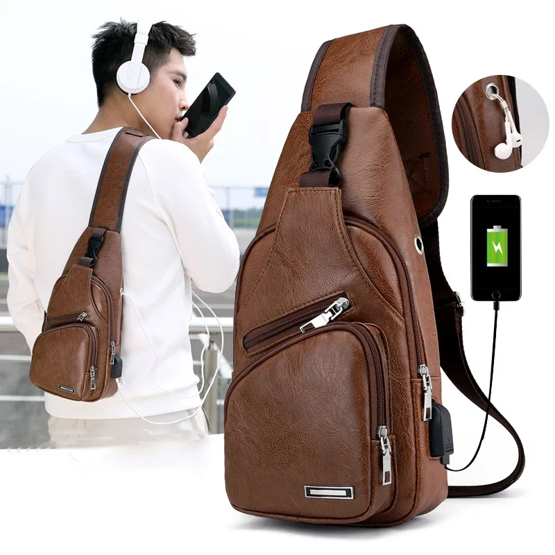 

Men's Chest Bags Pack Business Messenger USB Charging Fashion PU Leather Waist Outdoor Casual Sports Brand Single Shoulder Bag