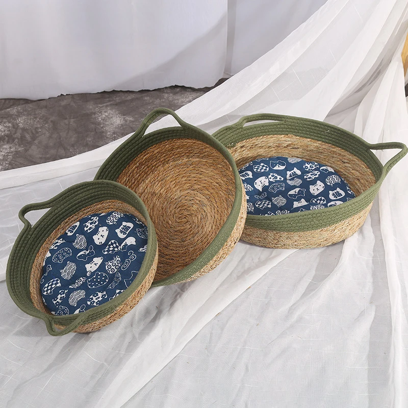 New Pet Cat Bed Circular Handwoven Vine Cat Bed Summer Cool Cat Basket Cotton Rope Cat Catch Basket Cat Nest Pet Supplies