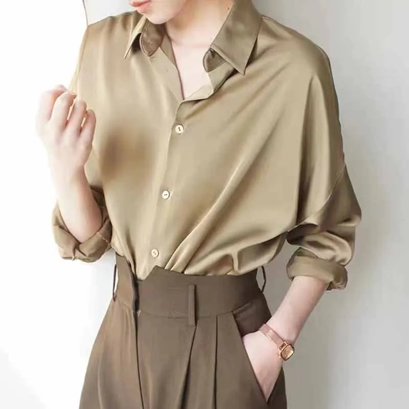 

Elegant Women Chiffon Shirt Fashion Office Lady Satin Women Blouse Turn Down Collar Clothes French Style Loose Tops Blusas 24296