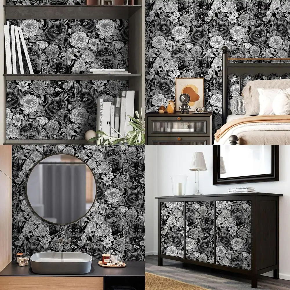 

Готические самоклеящиеся обои: темные черно-белые цветочные узоры, кошки и цветы для полок и шкафов