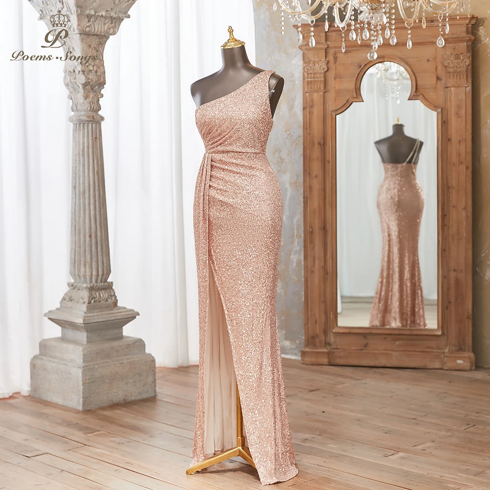 Glamorous Rose Gold Sequin Evening Dress with Elegant Straps Fitted Silhouette and Flattering High Slit Ideal for Formal Events