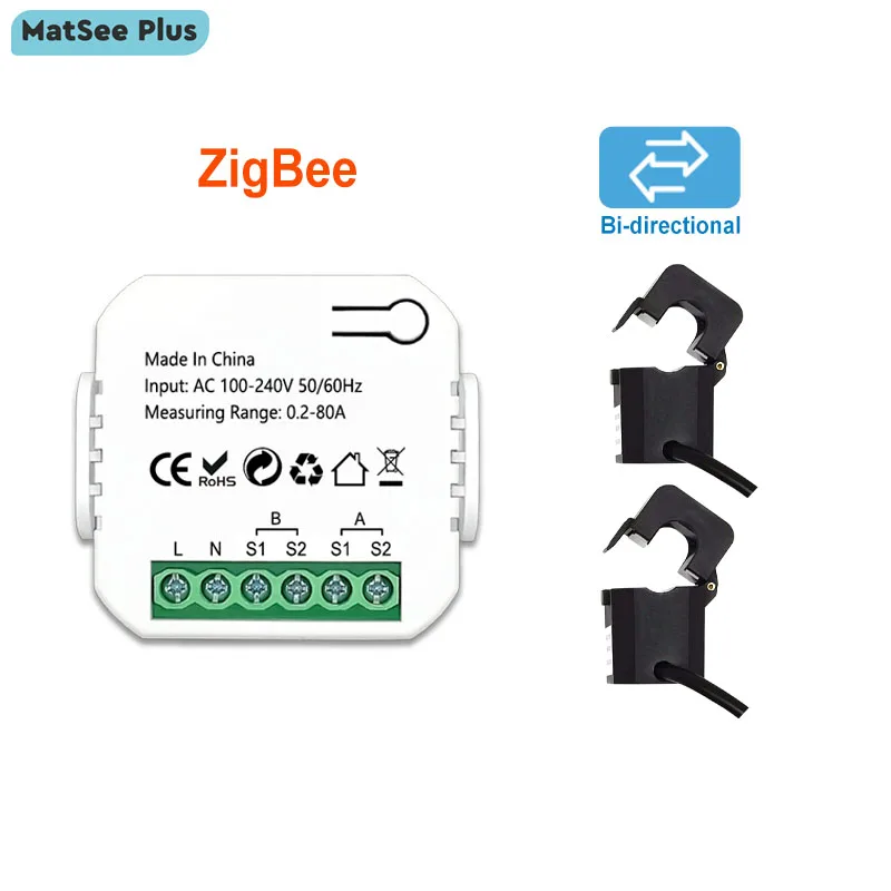 Smart ZigBee Energy Meter Bidirection 1, 2 Channel with Current Transformer Clamp App Monitor Power 80A 110V/240V 50/60Hz