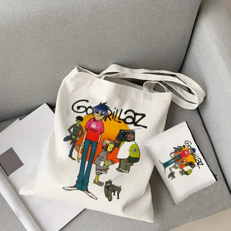 

2pcs/set Gorillaz Women's Tote Bag Cosmetic Bag Canvas Shoulder Bag Eco Large Capacity Shopping Bag Fashion Travel Storage Bag