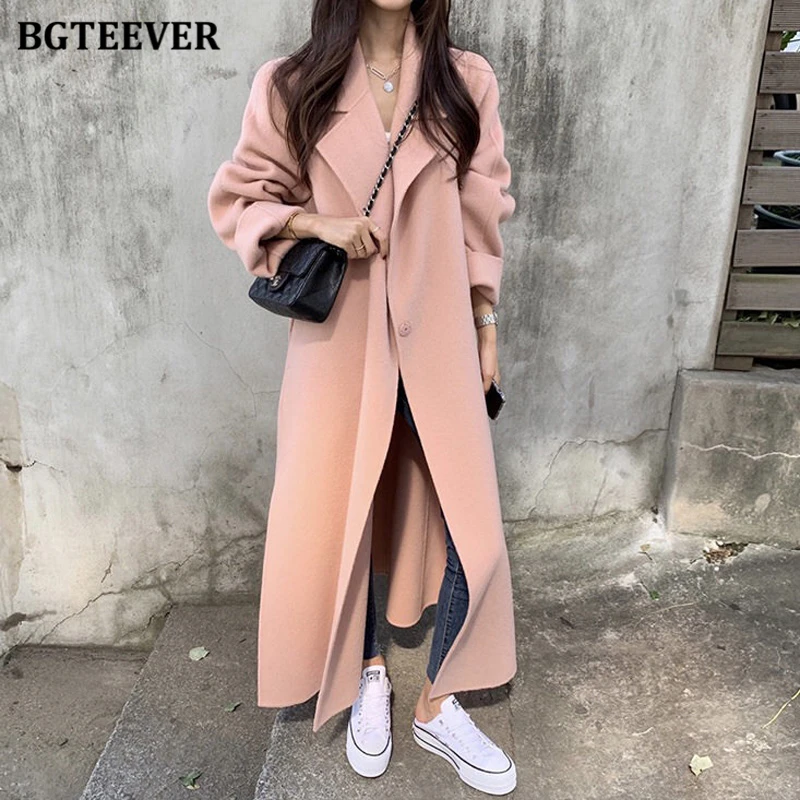 BGTEEVER Autumn Winter Thicken Warm Overcoats Women Elegant Double Breasted Loose Belted Female Woolen Coats