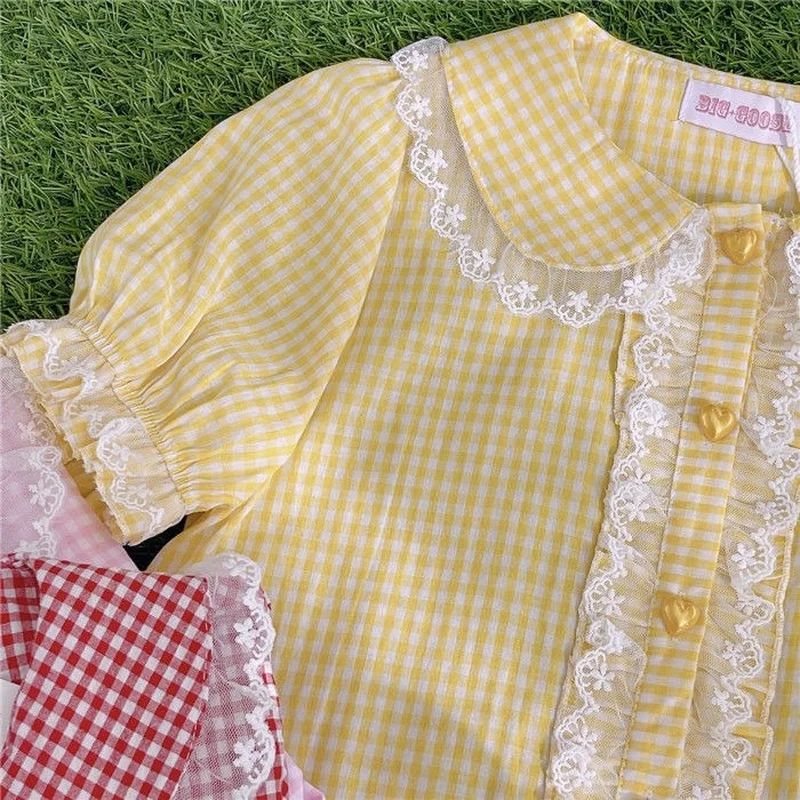 Shirts Women Japanese Style Plaid Sweet Peter Pan Collar Edible Tree Fungus Casual Daily All-match Basic Design Fashion Cozy New