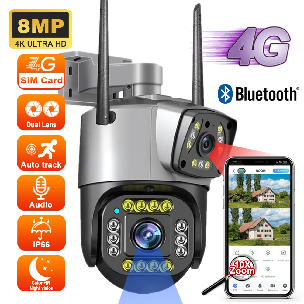 

Dual Lens 4G Camera 8MP 4K Wireless Outdoor Waterproof Color Night Vision PTZ CCTV Smart Security Home Surveillance IP Cameras