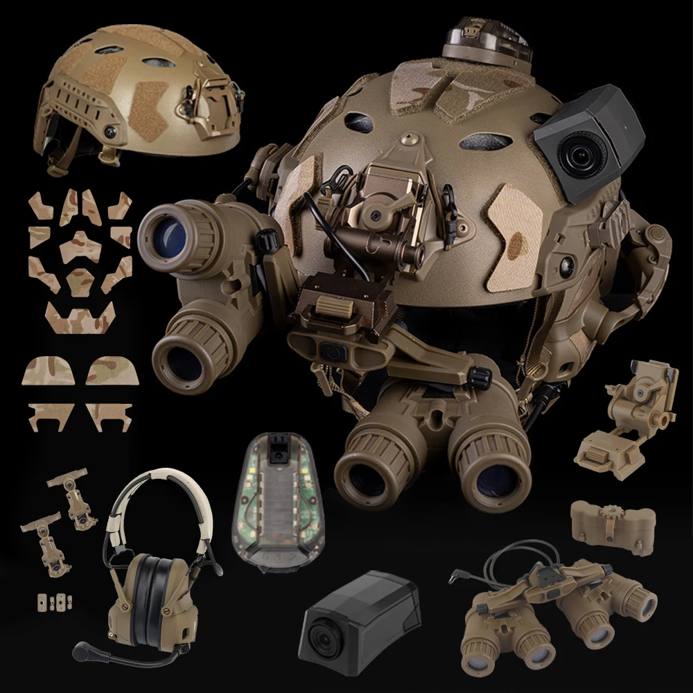 Airsoft FAST Helmet Tactical Folding Panoramic GPNVG 18 Night Vision Goggles Model Set with 2 in 1 GEN 6 Headset Camo Hook Patch