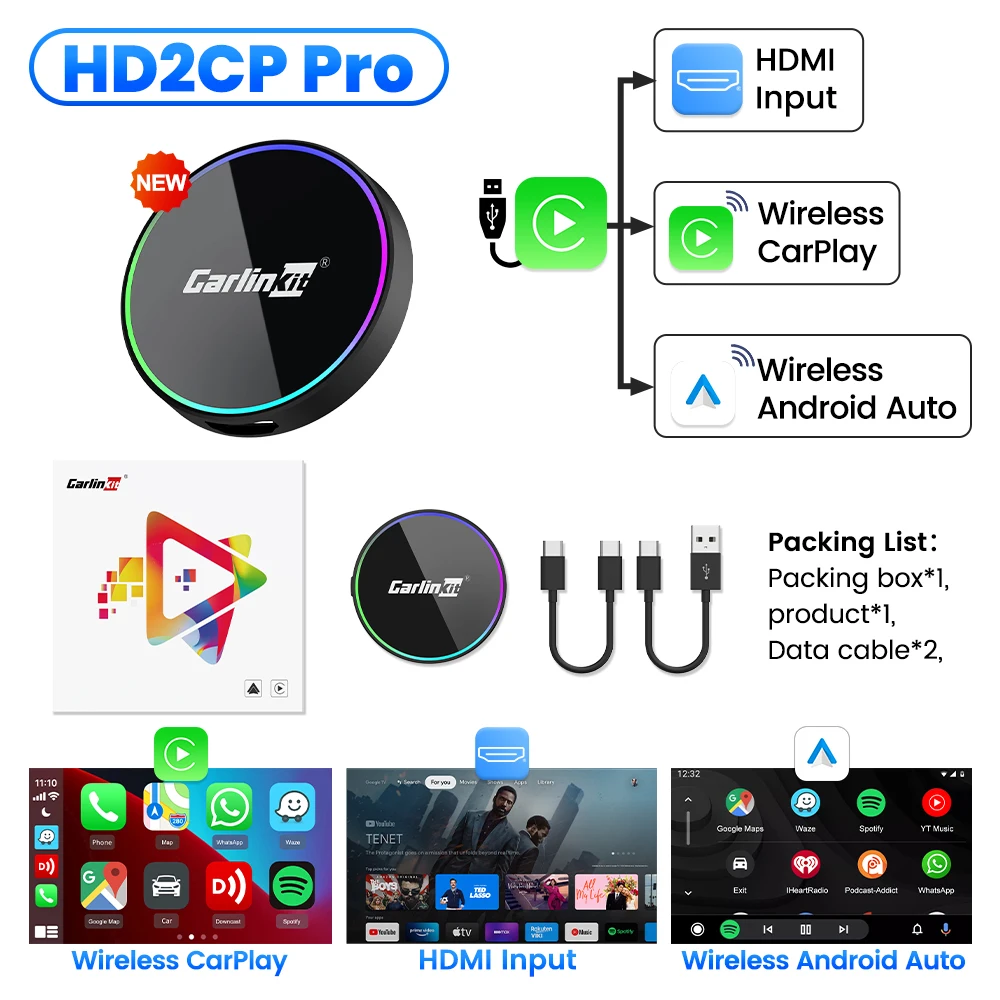 HD2CP Pro CarlinKit Draadloze adapter HDMI Draadloos Android Auto CarPlay 3-in-1 Smart Car Box HD Video voor TV Sticks HDMI-apparaat