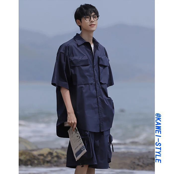 

Summer Casual Loose Men's Short Sleeve Shirt Set Cityboy Outdoor Workwear Top Quality Color Woven Fabric Iron Free