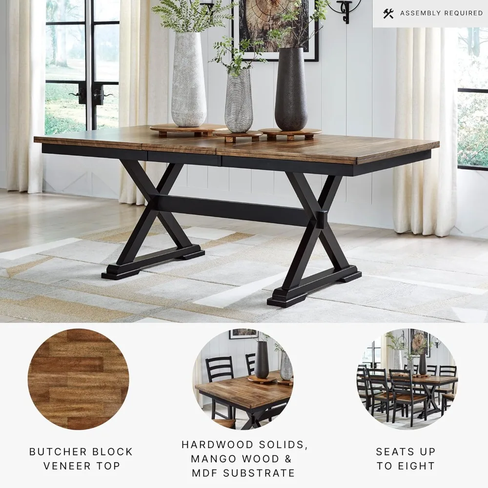 طاولة طعام على طراز المزرعة من Ashley Wildenauer مع وصلة مدمجة على شكل أوراق فراشة لمقعد من 6 إلى 8 مقاعد، باللون الأسود