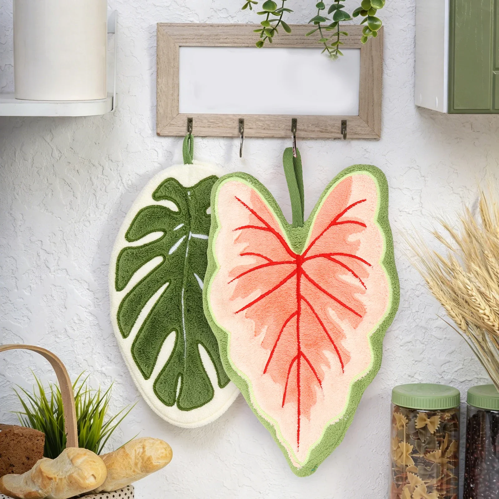 4Pcs Leaf Hand Towel Ultra-Absorbent Quick-Dry Bathroom & Kitchen Towel Cute Coral Fleece Tropical Plant Home Wash Hand Towels
