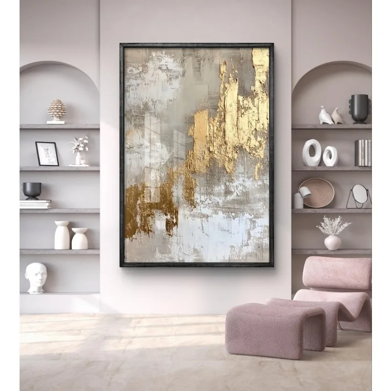 Original Gold Textured Oil Painting, 100% Hand Abstract Modern Frameless Oil Painting for Living Room and Hotel Decortive