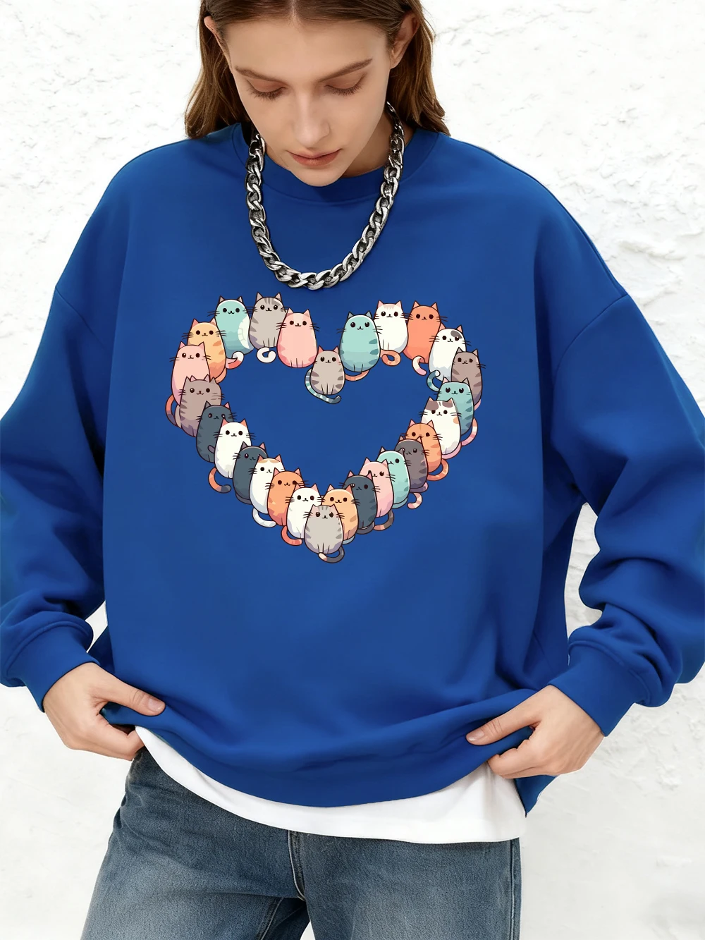 

Толстовка с принтом кошек и сердечками, женские осенние теплые толстовки для бега, базовые пуловеры большого размера с круглым вырезом, женская одежда с длинными рукавами