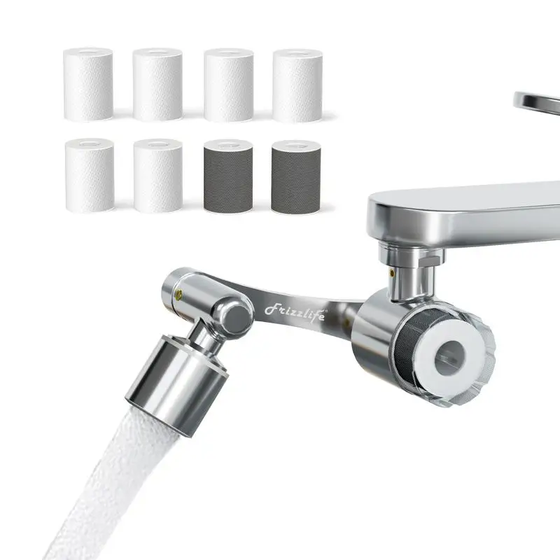 

Брызгозащищенный удлинитель смесителя для раковины Frizzlife с фильтром, 1080 ° Аэратор с вращающимся краном, снижение 999% хлора, 2 режима распылительной насадки