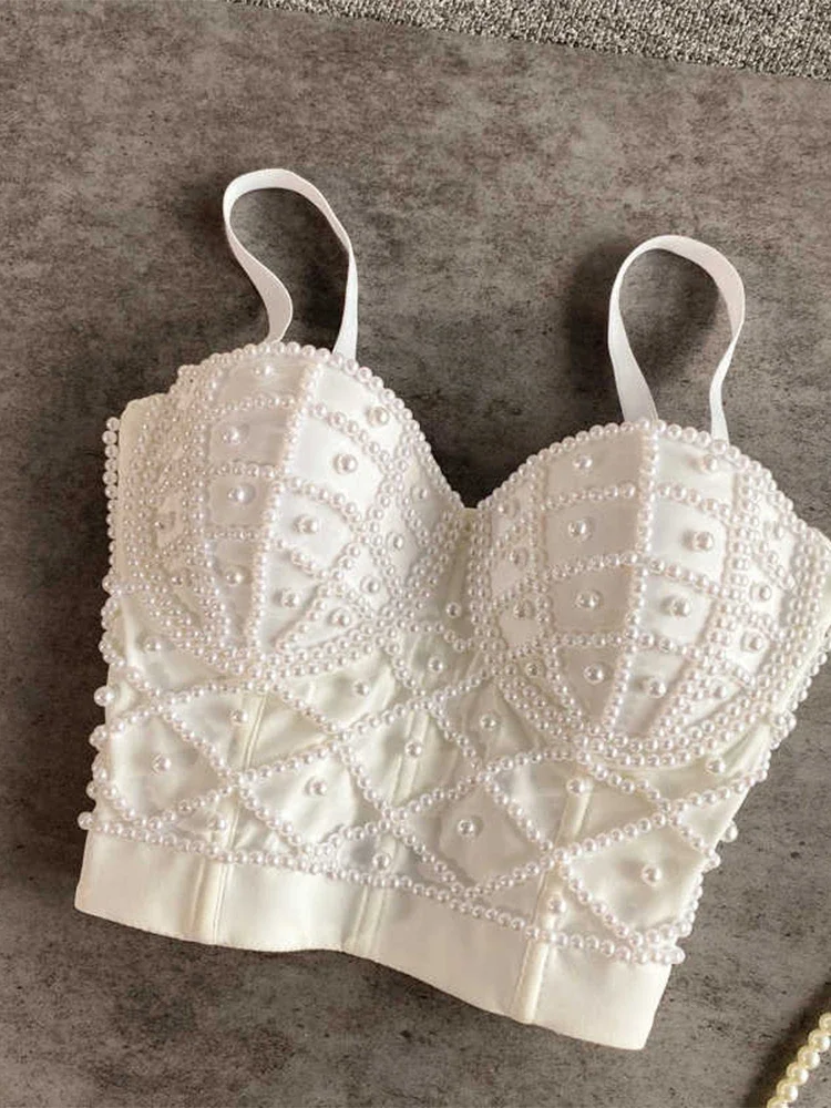 

Женский укороченный топ с белым жемчугом, жилет без рукавов, сексуальный черный корсет с открытыми плечами, топы Y2k Coquette, майка, винтажная одежда