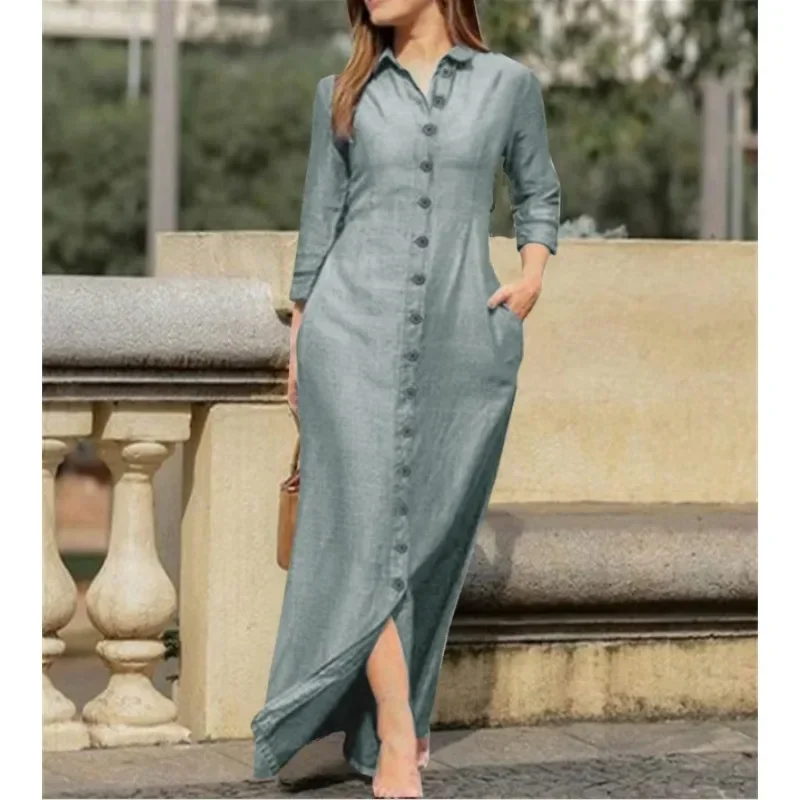 Women\'s Spring Summer Elegant Long Sleeved Button Up Oversized Loose Long Dress Loose Casual Lapel Solid Color Cotton Long Dress