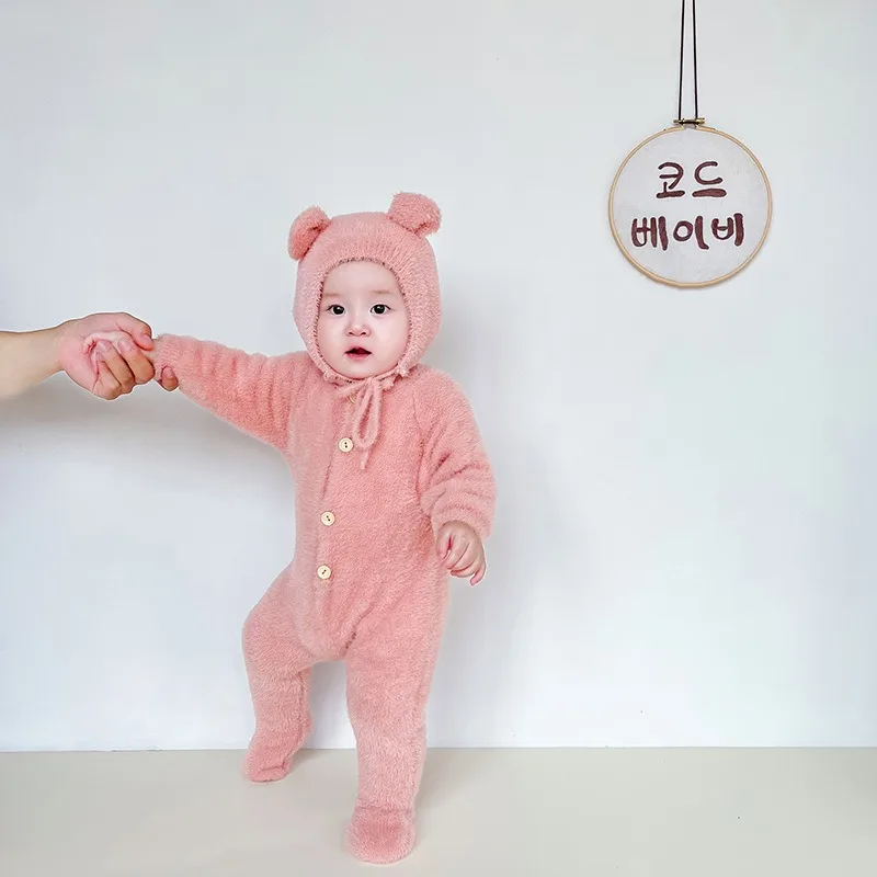 Explosive Baby Autumn Clothing Men and Women Baby Super Cute Imitation Mink Crawling Suit Cute Bear Footed Onesie Pajamas