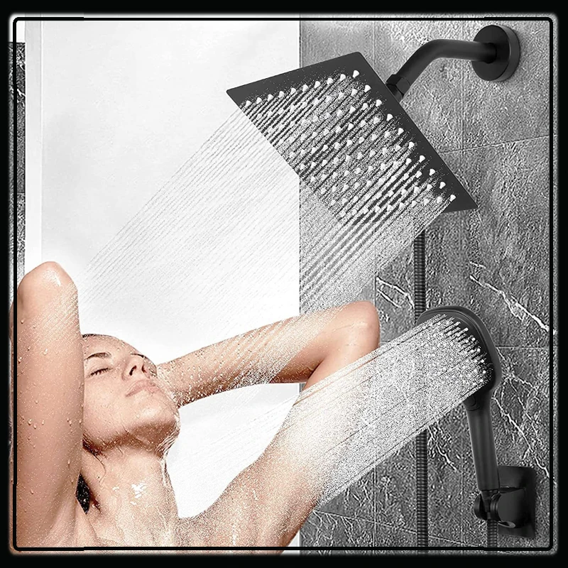 Black Bathroom Shower Faucet Set 8 Inch Rain Shower System High Pressure Shower Set with Hand Showerhead Water-saving Top Spray