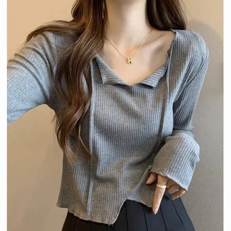 Spring Autumn New V-neck Fashion Long Sleeve T-shirt Women High Street Casual Striped Sweet Young Style Sweet All-match Tops image 5