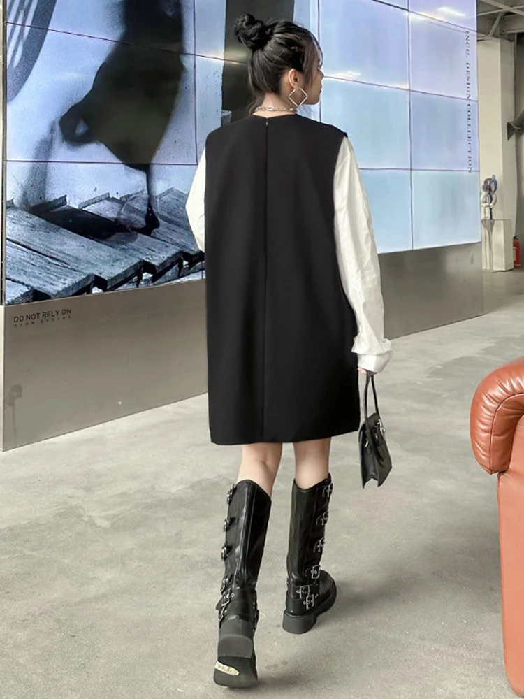 [EAM] Women Black Color-block Pocket Big Size Mini Dress New Round Neck Long Sleeve Fashion Tide Spring Autumn 2024 1DH4589