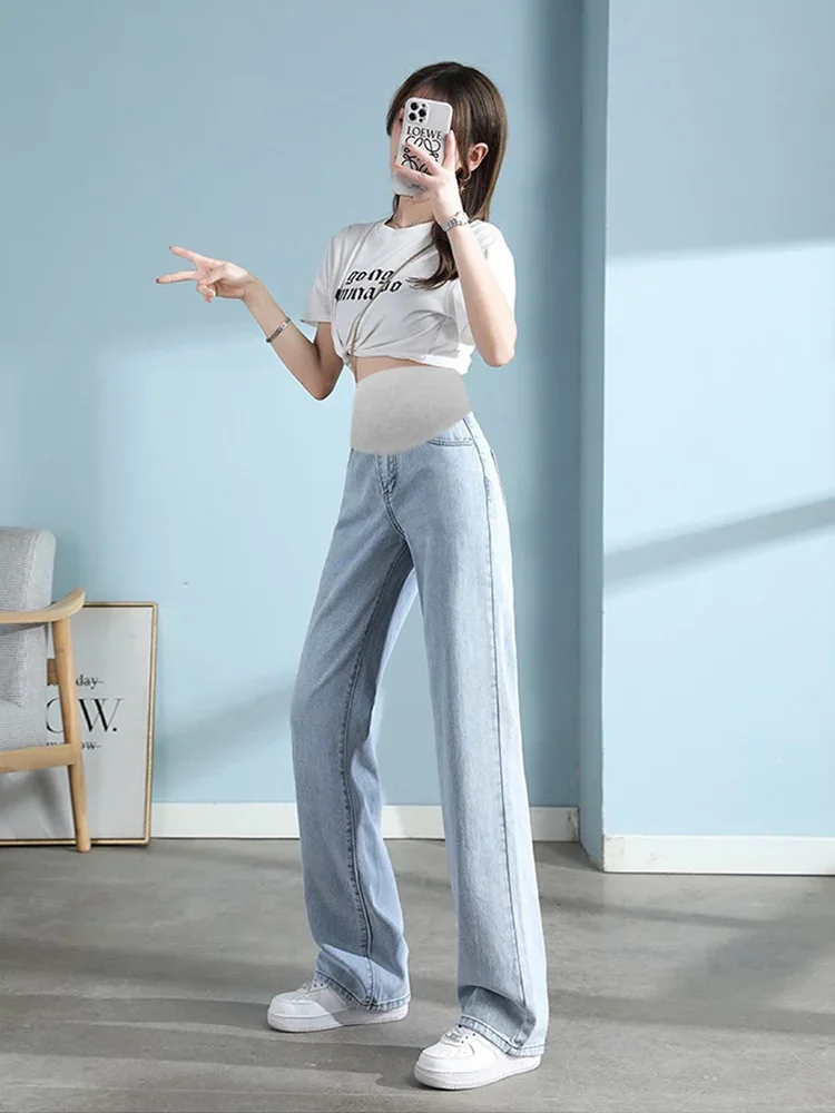 Wide Leg Denim Maternity Long Jeans Spring Autumn High Waist Support Belly Pants for Pregnant Women Retro Casual Baggy Pregnancy