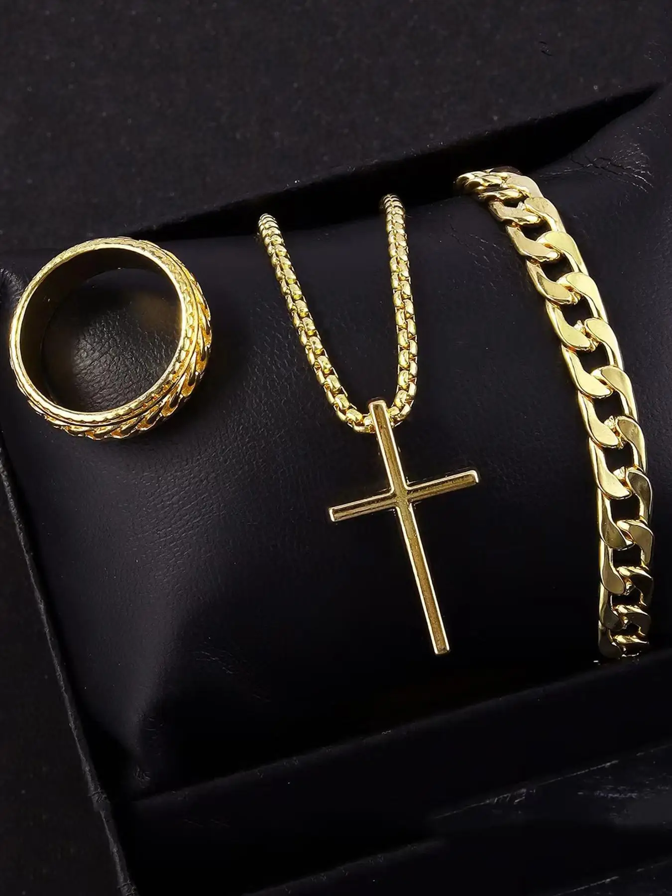 3 قطعة مجموعة الرجال الفولاذ المقاوم للصدأ المعادن الصليب سلسلة بدلاية قلادة سوار خاتم مجموعة الذكور الهيب هوب ارتداء اليومي الملحقات #3