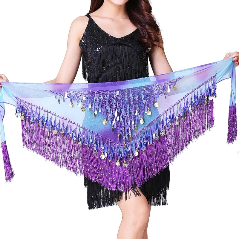 Cintura di danza del ventre da donna vita colorata nappe di danza del ventre sciarpa a triangolo con paillettes a moneta