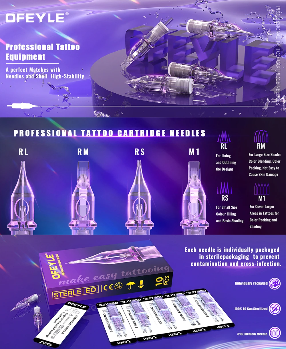 OFEYLE 10/20/100 قطعة إبر خرطوشة الوشم المهنية المختلطة مع خراطيش السلامة الغشائية إبرة الوشم القابل للتصرف