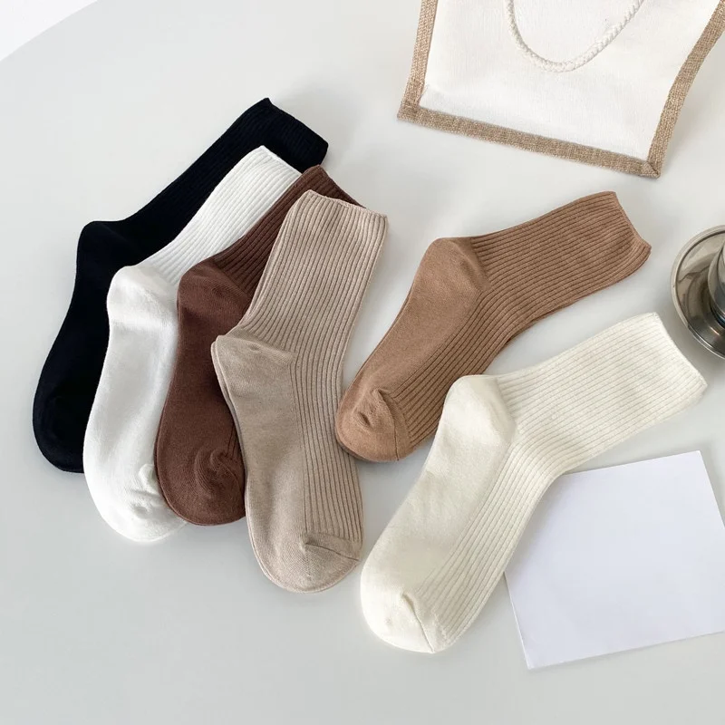 Brown Socks Women Tube Socks Pure Cotton Spring Autumn Ins Minimalist Style Solid Color Striped Stockings All-match Casual Socks