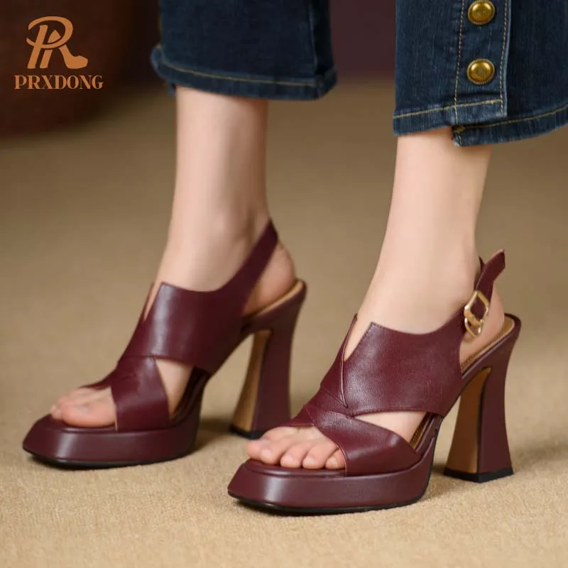 Women\'s Shoes New 2024 Summer Genuine Leather HIgh Heels Black Wine Red Platform Dress Party Office Lady Sandals Shoes Pumps 39