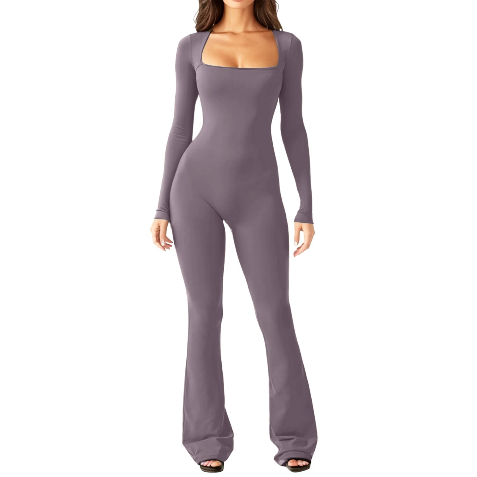 Women's Yoga Jumpsuit Long Sleeve Square Neck Workout Tracksuit for Vacations Holiday Wear